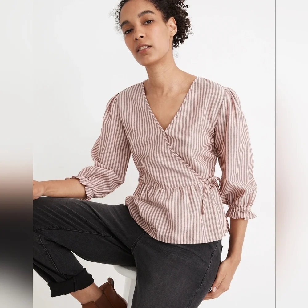 Madewell Puff-Sleeve Peplum Wrap Top in Stripe